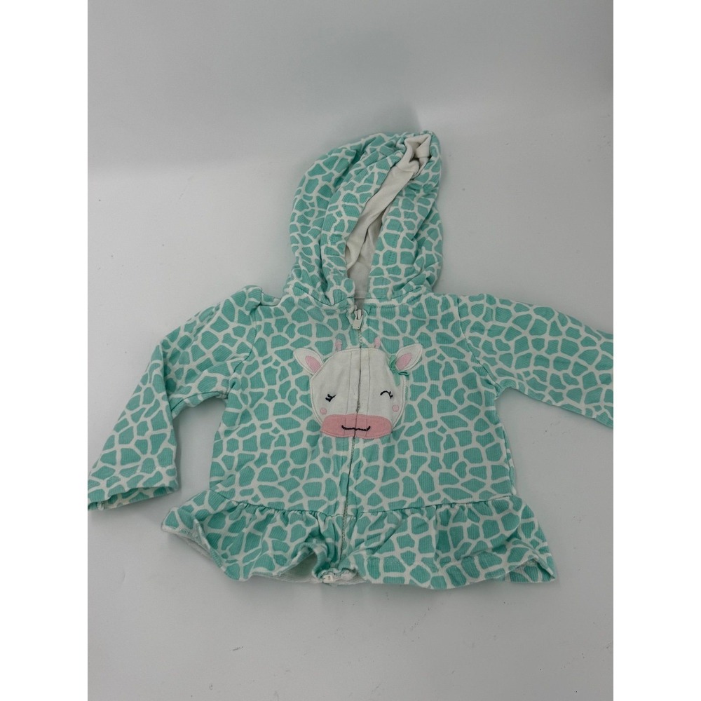 Hooded zip-up jacket Size 9 M w/ a giraffe print and a graphic of a giraffe face